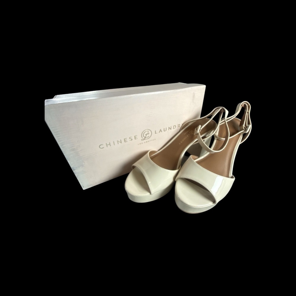 Chinese Laundry Theresa Bone Patent Platform Block Heel Sandals Womens 10